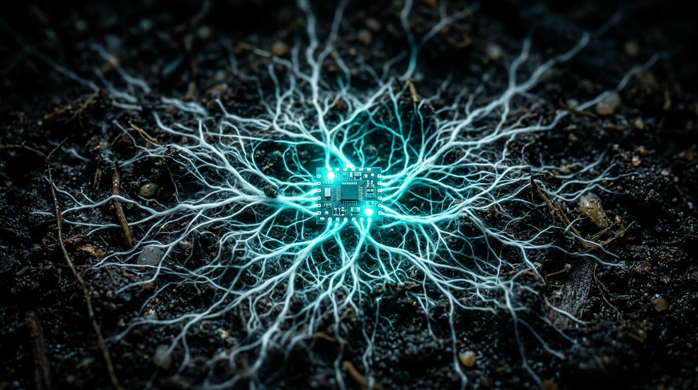 Silicon root architecture and bioluminescent bio-compute processor connected through dense mycelial hyphae network